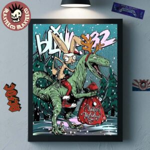 Blink 182 Happy Holidays 2025 Merry Xmas Rabbit Riding Velociraptor Poster Canvas