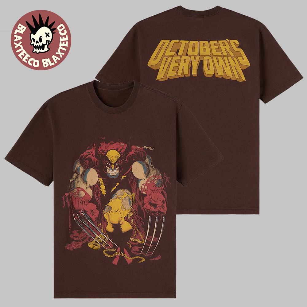 Drake OVO X Marvel Wolverine Masthead Dark Chocolate Two Sided T-Shirt Drake OVO X Marvel Wolverine Masthead Dark Chocolate Two Sided T-Shirt