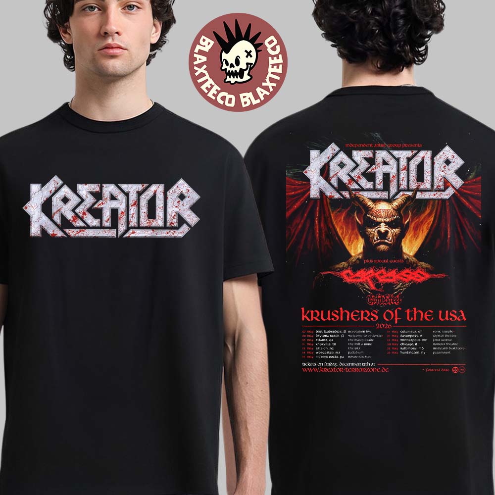 Kreator Krushers Of The USA 2026 Schedule Tour Dates Two Sided T-Shirt Kreator Krushers Of The USA 2026 Schedule Tour Dates Two Sided T-Shirt