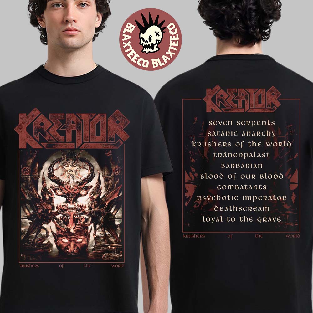 Kreator Krushers of The World Vintage Cover Tracklist Two Sided T-Shirt