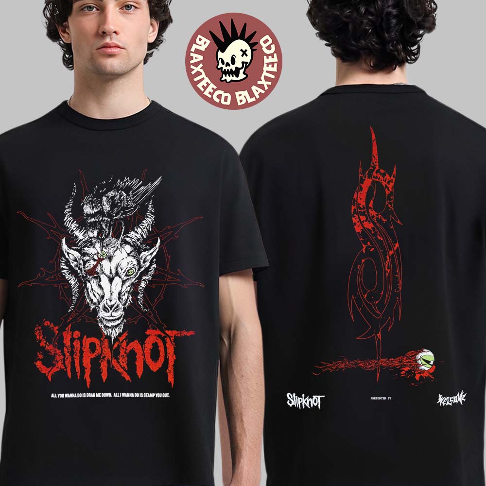 Slipknot X Welcome Skateboard Goat Head Nonagram With Tribal S Logo Two Sided T-Shirt Slipknot X Welcome Skateboard Goat Head Nonagram With Tribal S Logo Two Sided T-Shirt