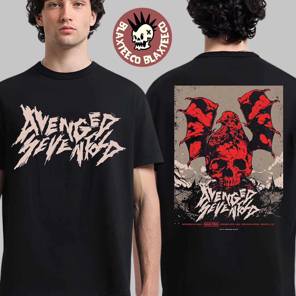 Avenged Sevenfold Bogota Colombia 2026 Venue Poster At Movistar Arena On January 20 2026 Two Sided T-Shirt Avenged Sevenfold Bogota Colombia 2026 Venue Poster At Movistar Arena On January 20 2026 Two Sided T-Shirt