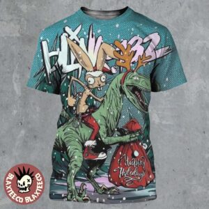 Blink 182 Happy Holidays 2025 Merry Xmas Rabbit Riding Velociraptor All Over Print Shirt
