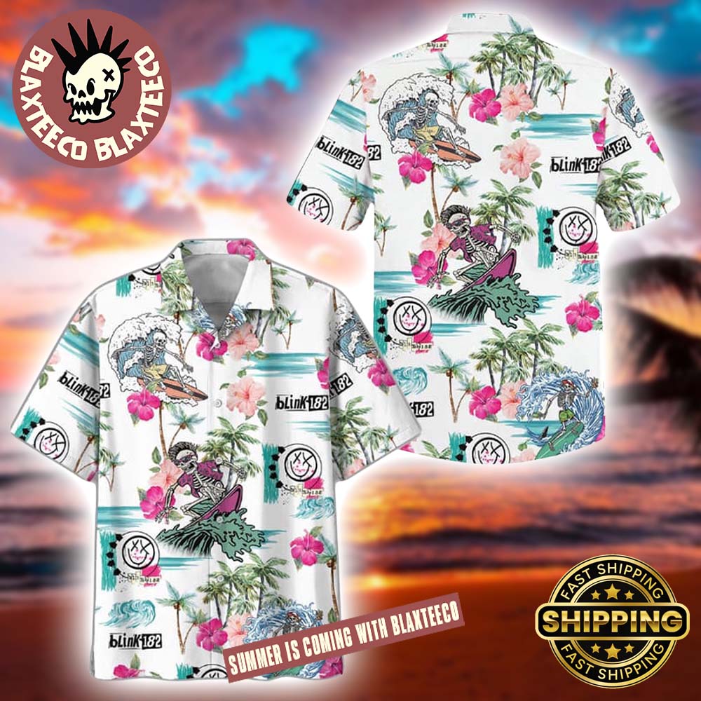 Blink 182 Skeleton Surfing White 2026 Tropical Hawaiian Shirt Blink 182 Skeleton Surfing White 2026 Tropical Hawaiian Shirt