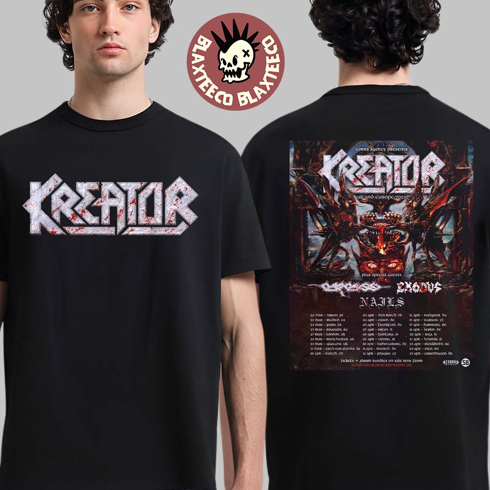 Kreator Krushers Of The World UK And Europe Tour 2026 Schedule Dates Two Sided T-Shirt Kreator Krushers Of The World UK And Europe Tour 2026 Schedule Dates Two Sided T-Shirt