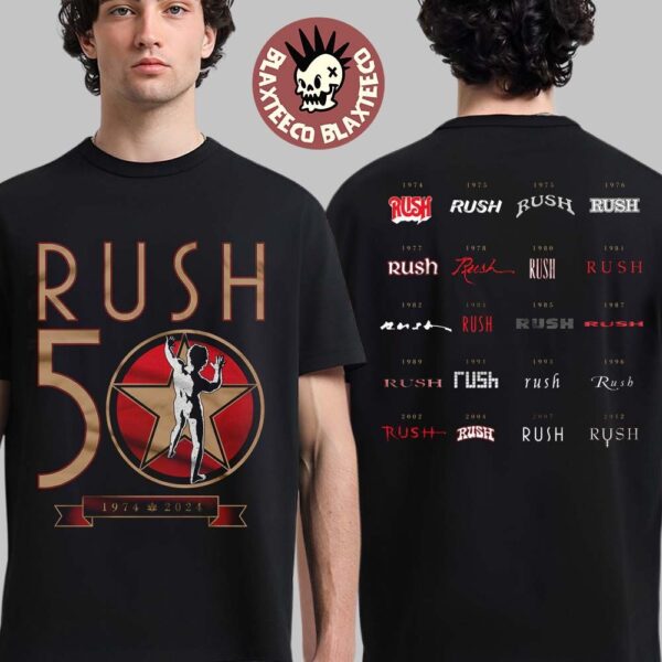 Rush 50th Anniversary Merch R50 Studio Logo List Two Sided T-Shirt ...