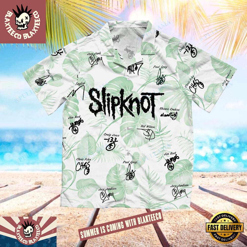 Slipknot Rock Band Autographed Green Palm Band Members Name Pattern Summer Hawaiian Shirt Slipknot Rock Band Autographed Green Palm Band Members Name Pattern Summer Hawaiian Shirt
