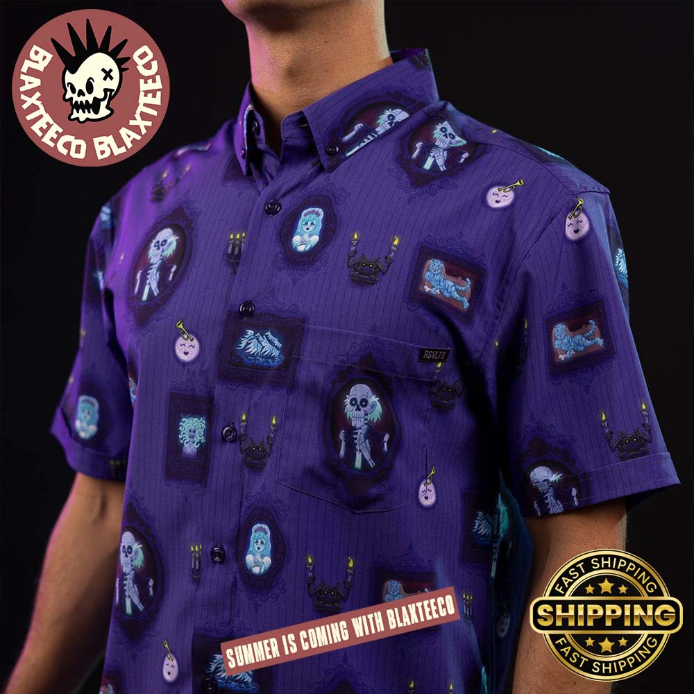 Disney Haunted Mansion RSVLTS Ghostly Gallery Button Short Sleeve Hawaiian Shirt Disney Haunted Mansion RSVLTS Ghostly Gallery Button Short Sleeve Hawaiian Shirt