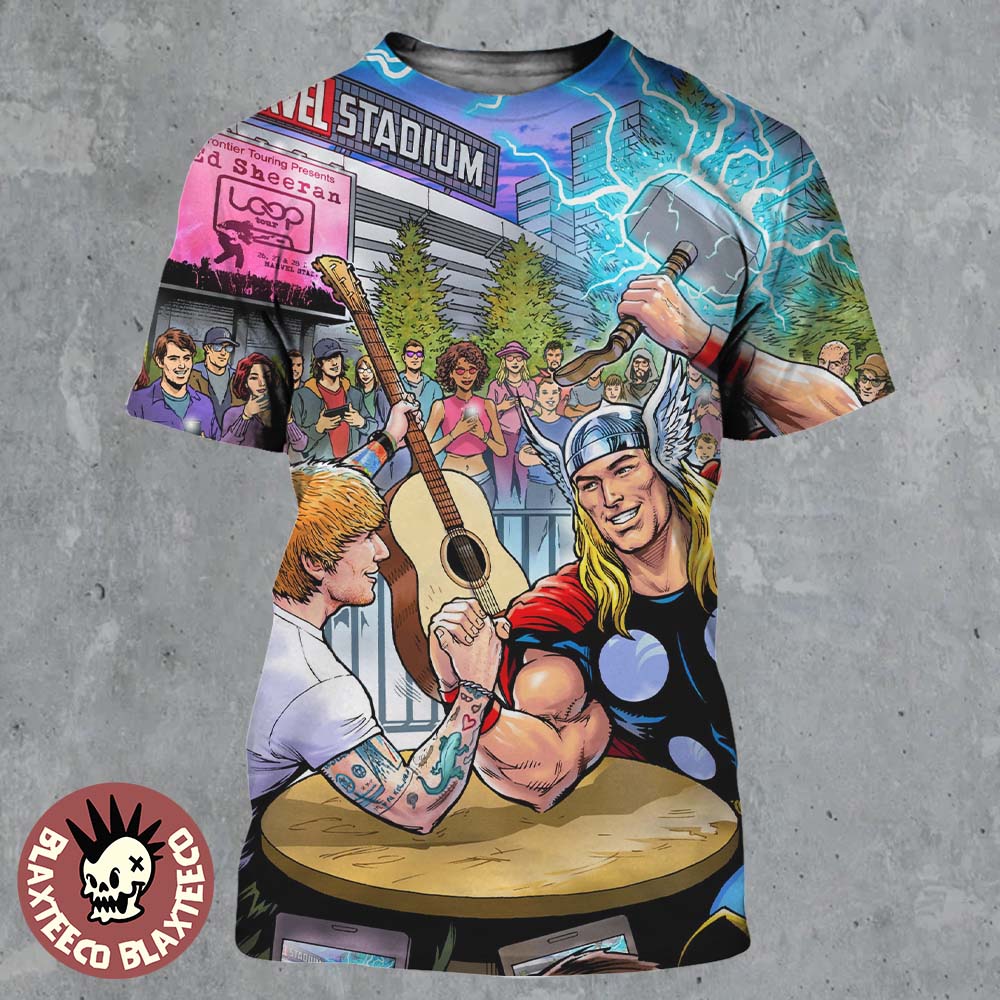 Ed Sheeran The Loop Tour 2026 Docklands Australia Venue Poster At Marvel Stadium On February 26 27 And 28 2026 Ed Arm Wrestles Thor Marvel Comics Style Art 3D Shirt Ed Sheeran The Loop Tour 2026 Docklands Australia Venue Poster At Marvel Stadium On February 26 27 And 28 2026 Ed Arm Wrestles Thor Marvel Comics Style Art 3D Shirt
