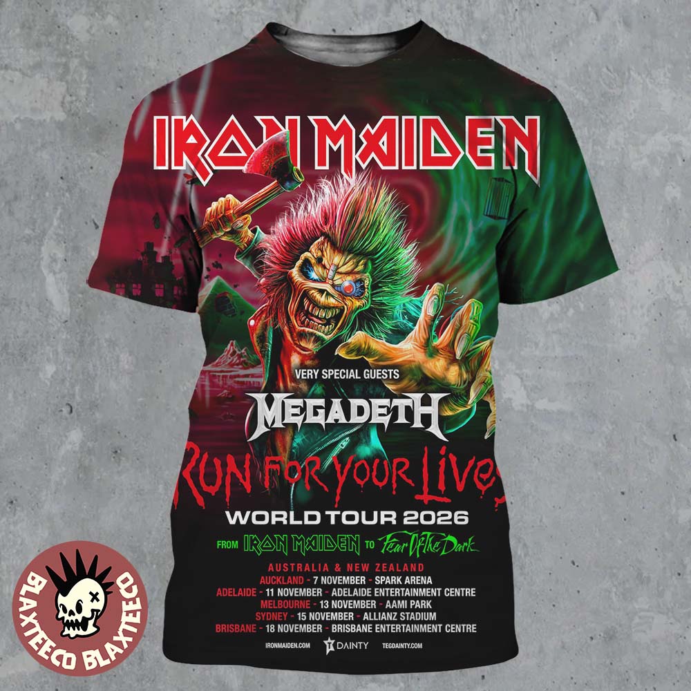Iron Maiden Run For Your Lives World Tour 2026 Australia And New Zealand With Megadeth Schedule Dates All Over Print Shirt Iron Maiden Run For Your Lives World Tour 2026 Australia And New Zealand With Megadeth Schedule Dates All Over Print Shirt