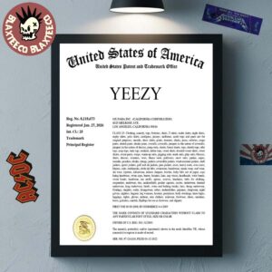 Kanye West Yeezy USA Trademark Principal Register Home Decor Poster Canvas