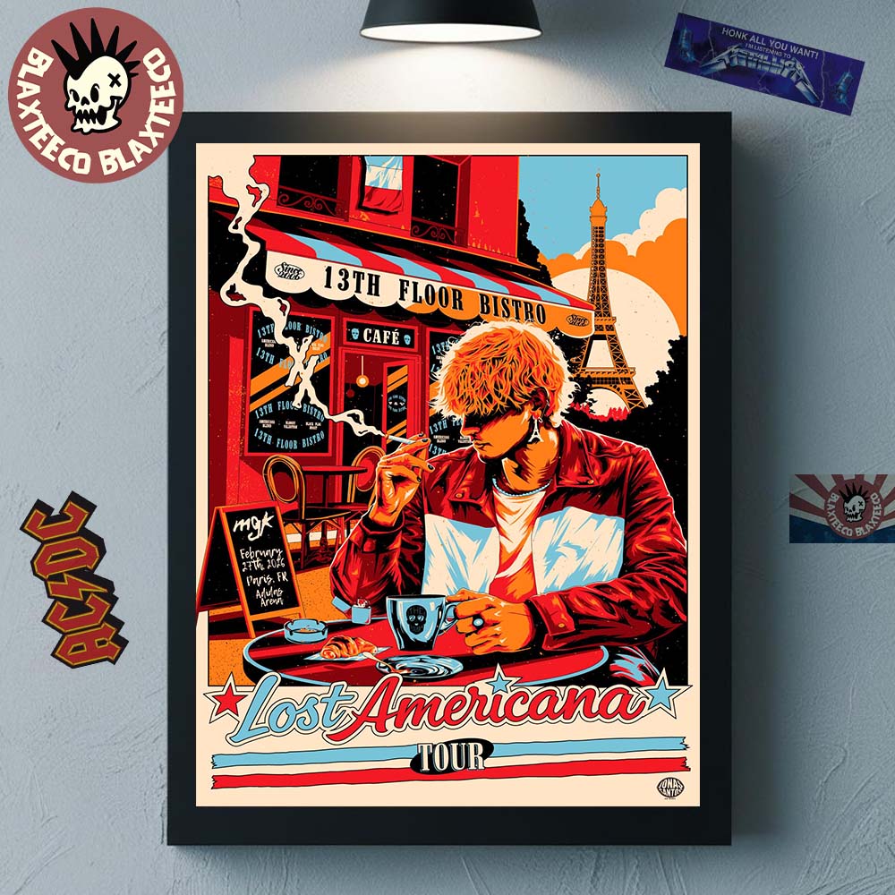 Machine Gun Kelly MGK Lost Americana Tour 2026 Paris France Show Poster At Adidas Arena On February 27 2026 Parisian Cafe Vibe Art Poster Canvas Machine Gun Kelly MGK Lost Americana Tour 2026 Paris France Show Poster At Adidas Arena On February 27 2026 Parisian Cafe Vibe Art Poster Canvas