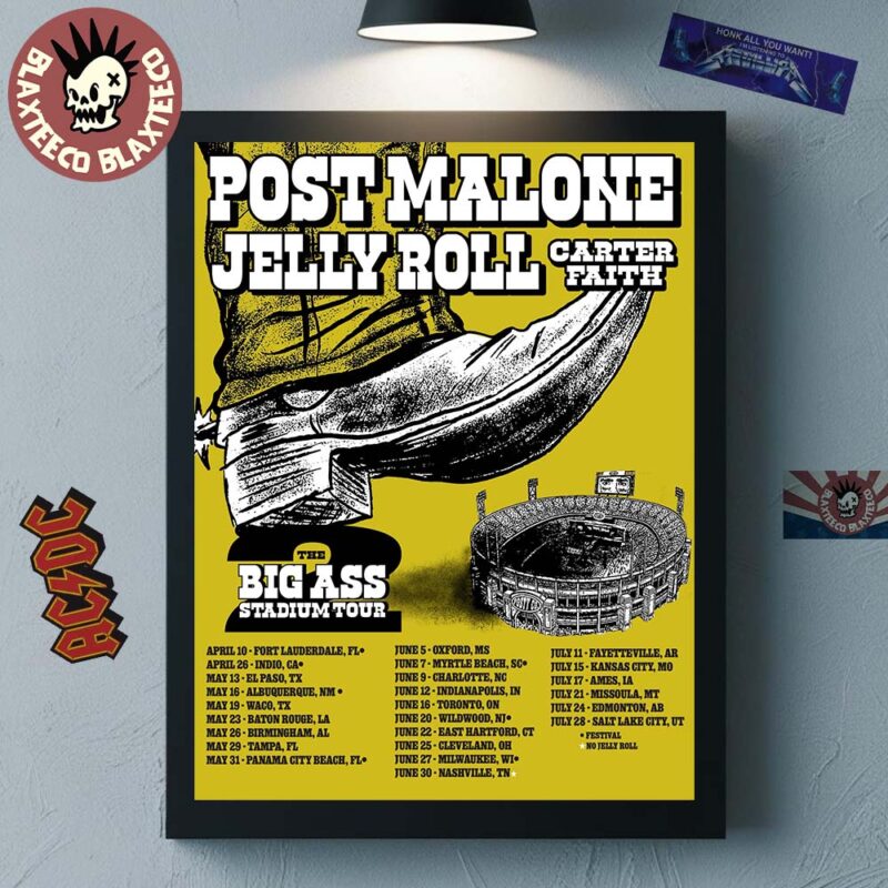 Post Malone With Jelly Roll And Carter Faith The Big Ass Stadium Tour Part 2 2026 North America City Dates Home Decor Poster Canvas