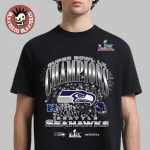 Seattle Seahawks Mitchell And Ness Super Bowl LX Champions Confetti Logo And Helmet T-Shirt