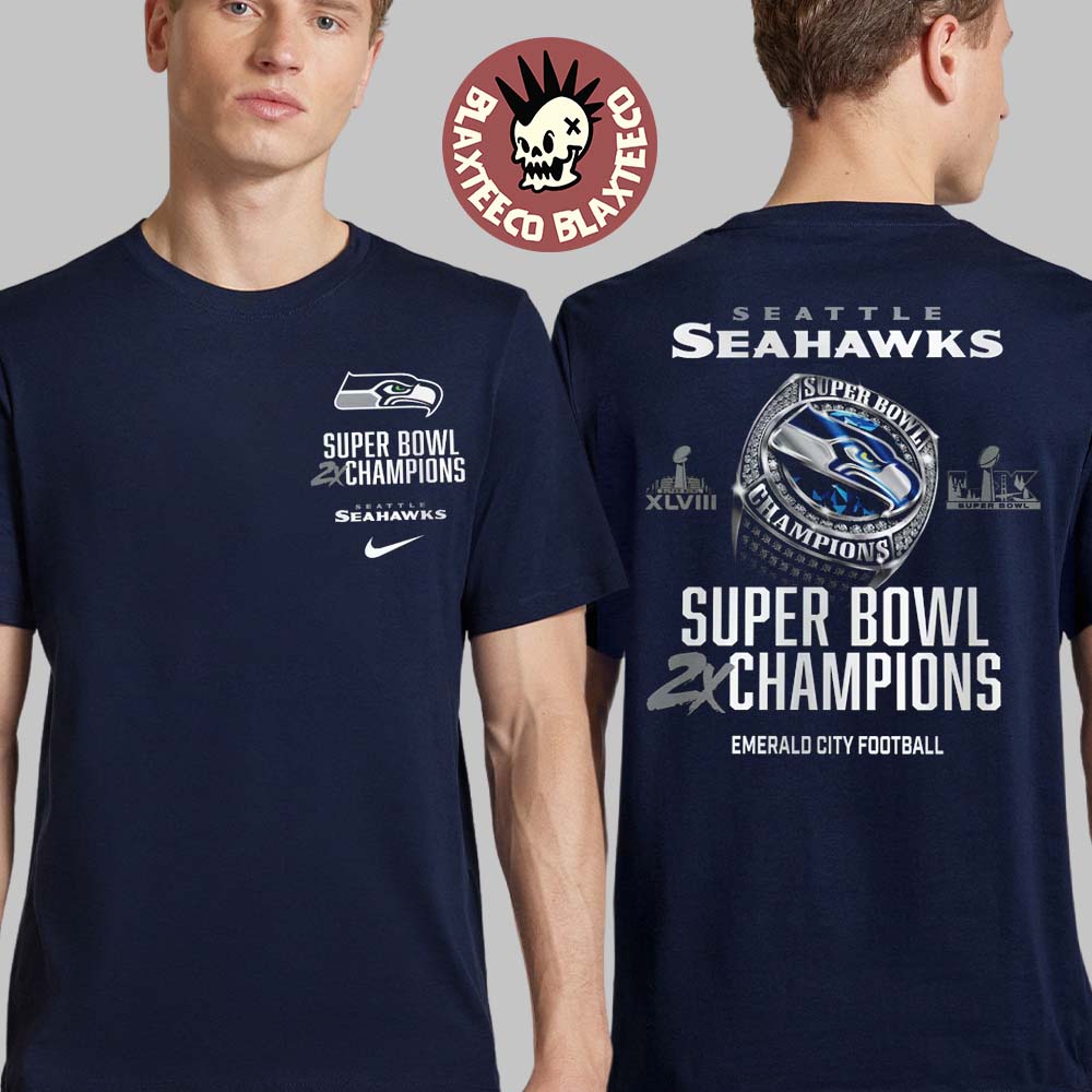 Seattle Seahawks Nike Two-Time Super Bowl Champions Super Bowl LX Downtown Ring Club T-Shirt Seattle Seahawks Nike Two-Time Super Bowl Champions Super Bowl LX Downtown Ring Club T-Shirt