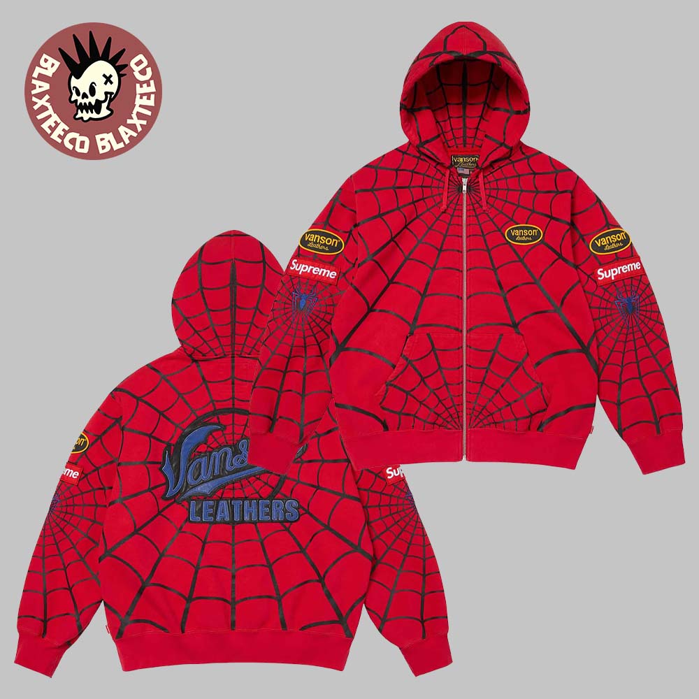 Supreme x Spider-Man Vanson Leather Red Zip Up Hoodie Supreme x Spider-Man Vanson Leather Red Zip Up Hoodie