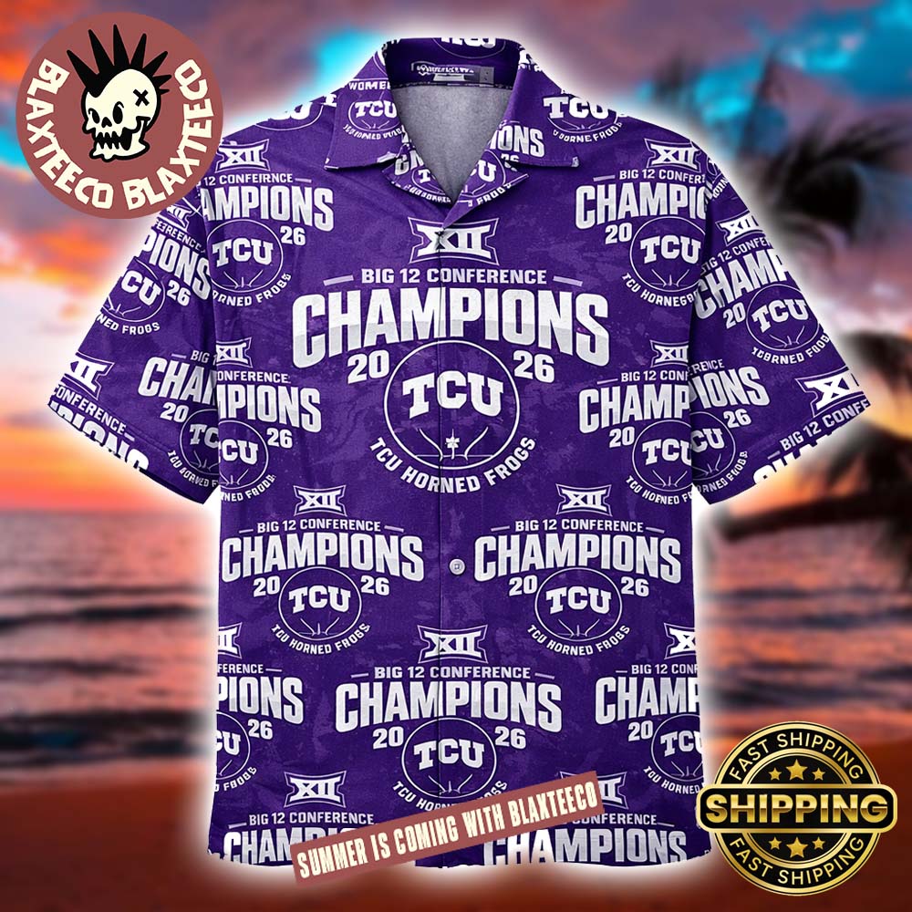 TCU Horned Frogs Women's Basketball 2026 Big 12 Conference Champions Locker Room Purple Hawaiian Shirt TCU Horned Frogs Women's Basketball 2026 Big 12 Conference Champions Locker Room Purple Hawaiian Shirt
