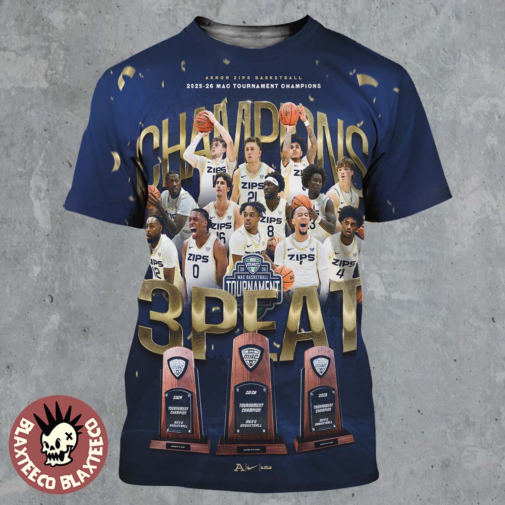 Akron Zips Men's Basketball 2025 2026 MAC Tournament Champions 3 Peat In A Row All Over Print Shirt Akron Zips Men's Basketball 2025 2026 MAC Tournament Champions 3 Peat In A Row All Over Print Shirt