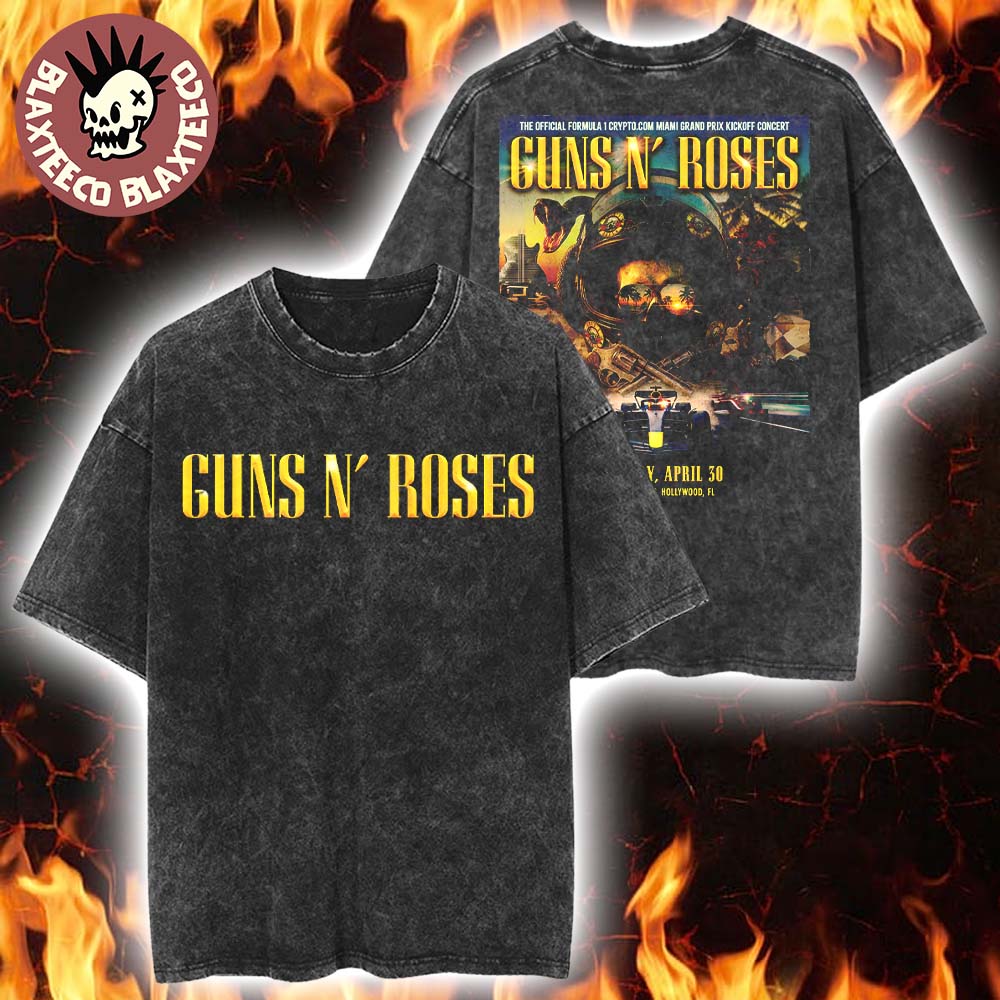 Guns N Roses F1 Miami Grand Prix 2026 Venue Poster Kickoff Concert At Hard Rock Hollywood Florida On April 30 2026 Washed Tee Guns N Roses F1 Miami Grand Prix 2026 Venue Poster Kickoff Concert At Hard Rock Hollywood Florida On April 30 2026 Washed Tee