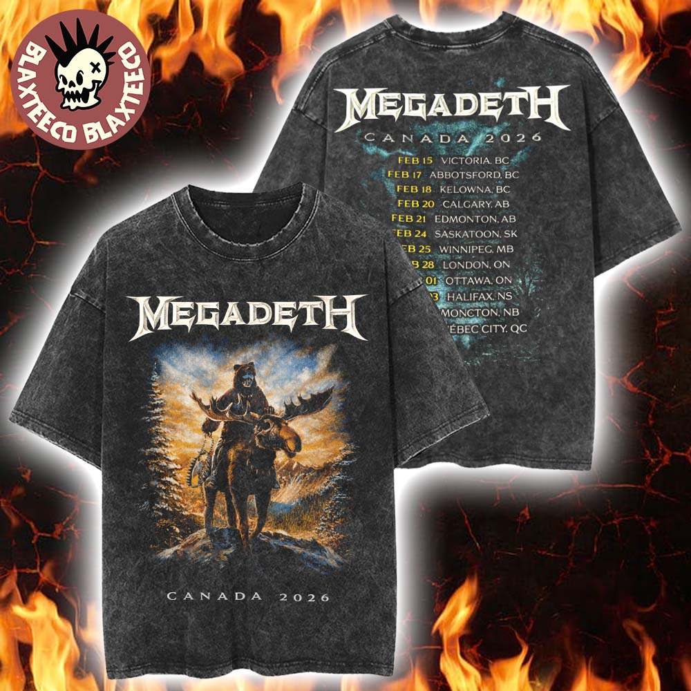 Megadeth Canada 2026 Tour Merch Vic Rattlehead Riding Reindeer With Dates Back Vintage Washed T-Shirt Megadeth Canada 2026 Tour Merch Vic Rattlehead Riding Reindeer With Dates Back Vintage Washed T-Shirt