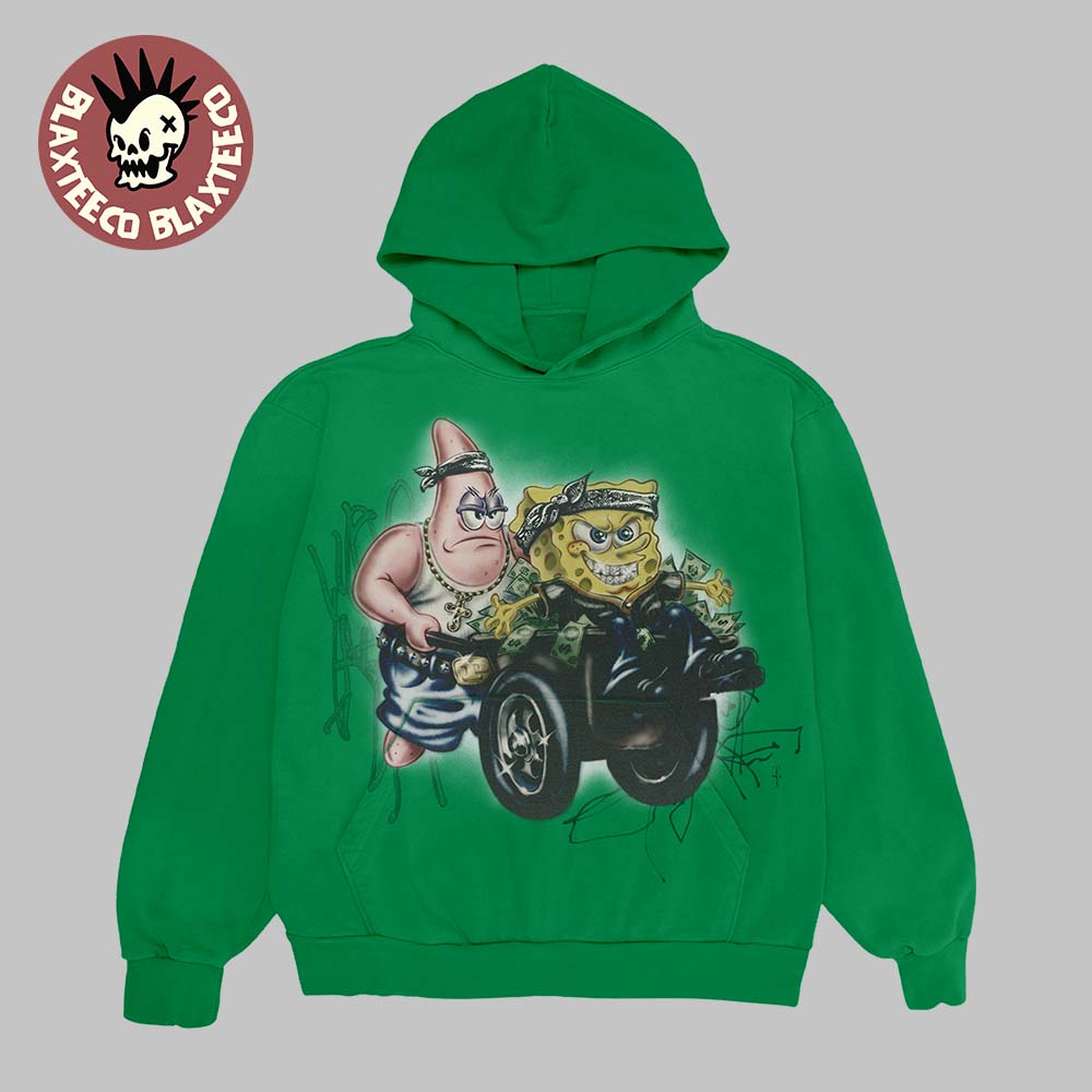 Travis Scott X Spongebob Collection Strongebob And Patrick Star Gangsters Fancy Life Green Hoodie Travis Scott X Spongebob Collection Strongebob And Patrick Star Gangsters Fancy Life Green Hoodie