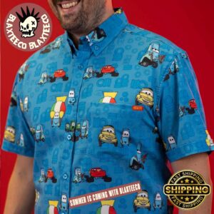 Disney and Pixar Cars RSVLTS Pit Stop Blue Button Short Sleeve Hawaiian Shirt
