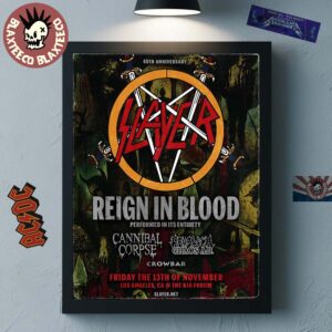 Slayer 40th Anniversary Reign In Blood 2026 In Los Angeles California At The Kia Forum On November 13 2026 Home Decor Poster Canvas