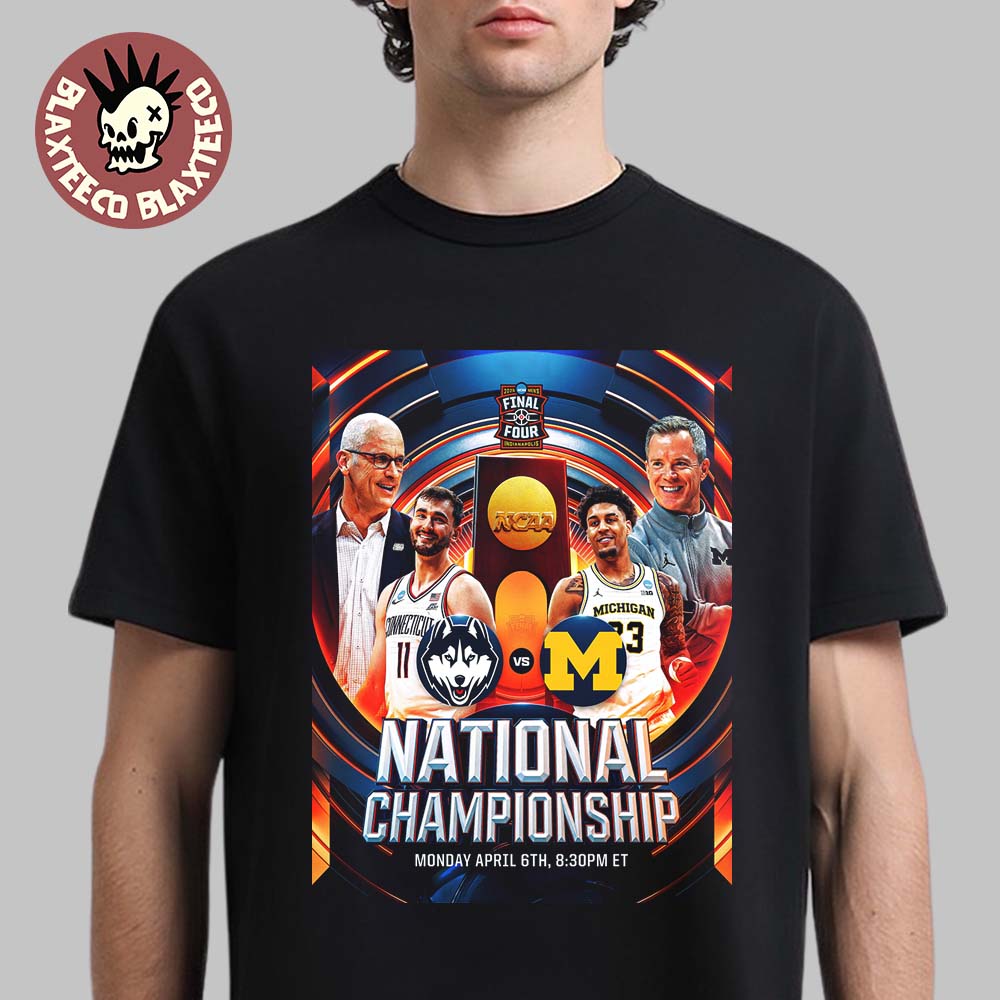 UConn Huskies Vs Michigan Wolverines Men's Basketball 2026 NCAA National Championship Head To Head T-Shirt UConn Huskies Vs Michigan Wolverines Men's Basketball 2026 NCAA National Championship Head To Head T-Shirt
