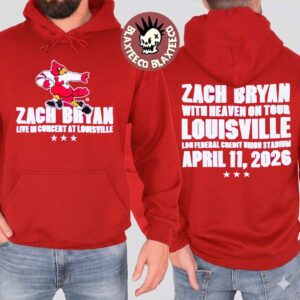 Zach Bryan X Louisville Cardinals With Heaven On Tour 2026 In Louisville Kentucky Exclusive Merch On April 11 2026 Red Hoodie