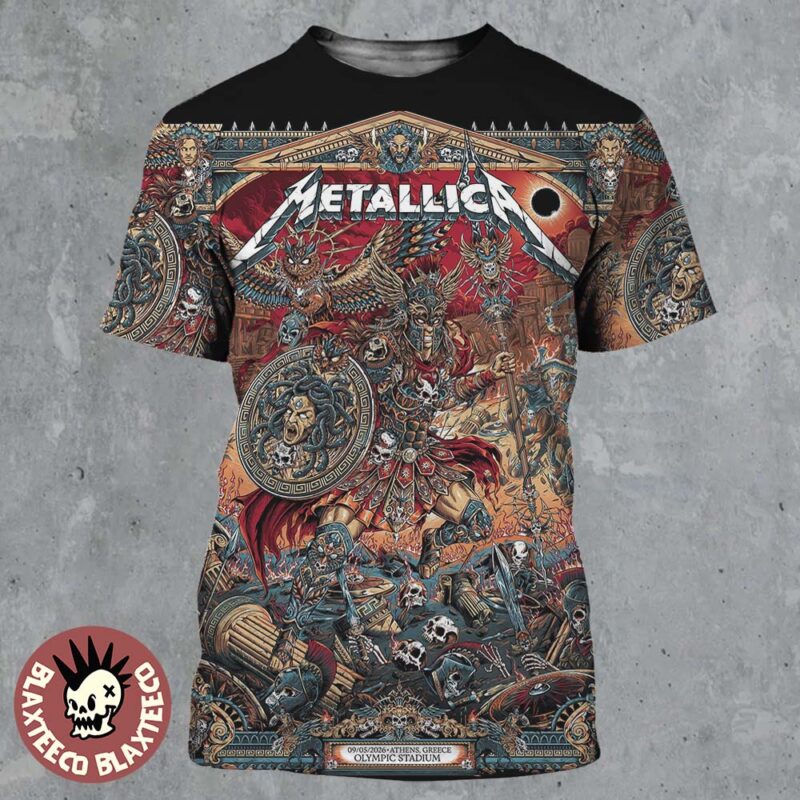 Metallica M72 Athens 2026 Pop Up Shop Poster At Greece Olympic Stadium On May 9 2026 The Warrior With Medusa Shield Art By Juan Ma Orozco All Over Print Shirt