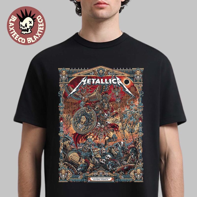Metallica M72 Athens 2026 Pop Up Shop Poster At Greece Olympic Stadium On May 9 2026 The Warrior With Medusa Shield Art By Juan Ma Orozco T Shirt