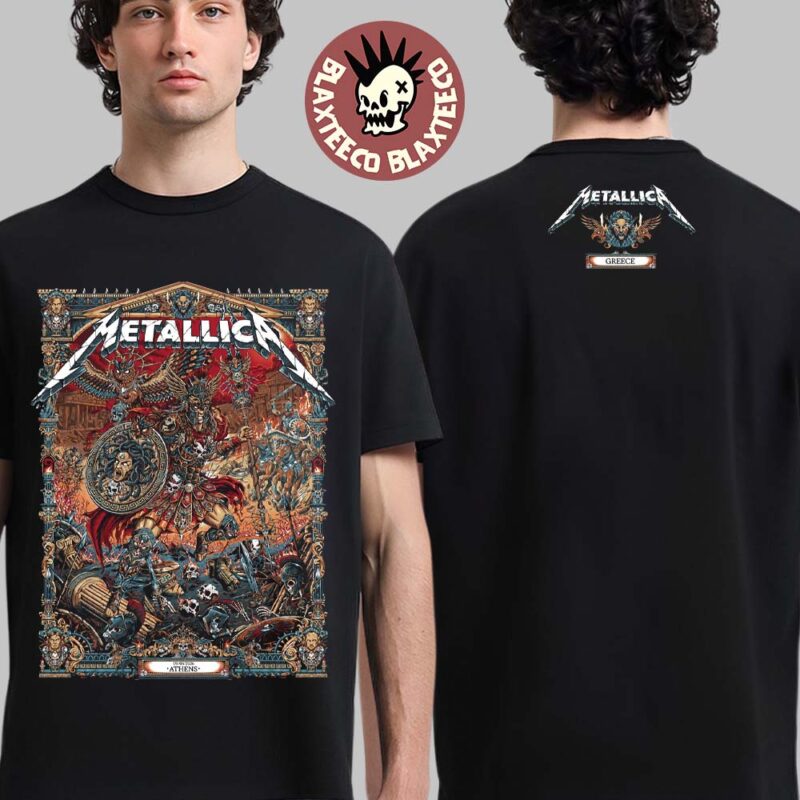Metallica M72 Athens 2026 Venue Merch Tee At Greece Olympic Stadium On May 9 2026 The Warrior With Medusa Shield By Juan Ma Orozco Two Sided T Shirt