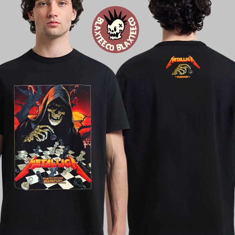 Metallica M72 Frankfurt 2026 Pop Up Shop Merch Tee At Frankfurt Germany Deutsche Bank Park On 22 And 24 May 2026 Skeleton Playing Chess Two Sided T Shirt