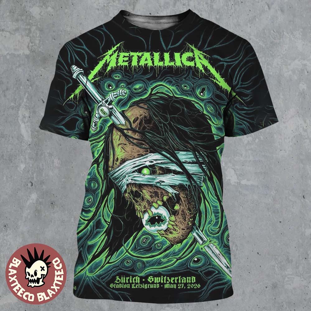 Metallica M72 Zurich 2026 Pop Up Shop Merch Poster In Zurich Switzerland At Stadion Letzigrund On May 27 2026 The Zombie Head All Over Print Shirt Metallica M72 Zurich 2026 Pop Up Shop Merch Poster In Zurich Switzerland At Stadion Letzigrund On May 27 2026 The Zombie Head All Over Print Shirt