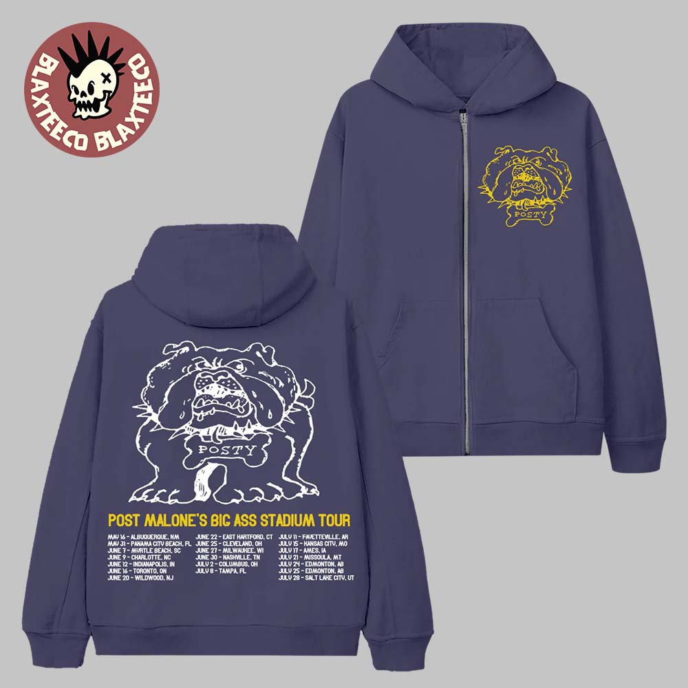 Post Malone Big Ass Stadium Tour 2026 Merch Posty Bulldog Zip Hoodie Post Malone Big Ass Stadium Tour 2026 Merch Posty Bulldog Zip Hoodie