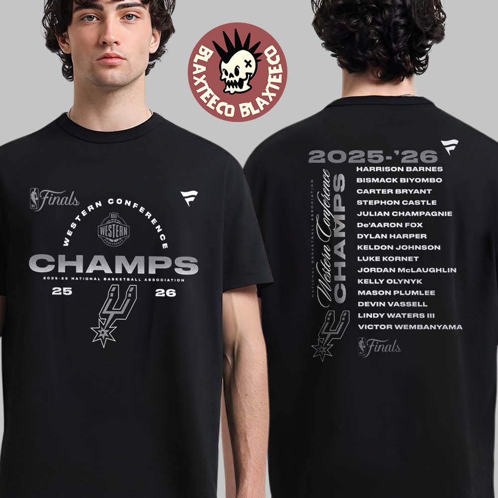 San Antonio Spurs Fanatics 2026 NBA Western Conference Champions Roster Two Sided T-Shirt San Antonio Spurs Fanatics 2026 NBA Western Conference Champions Roster Two Sided T-Shirt