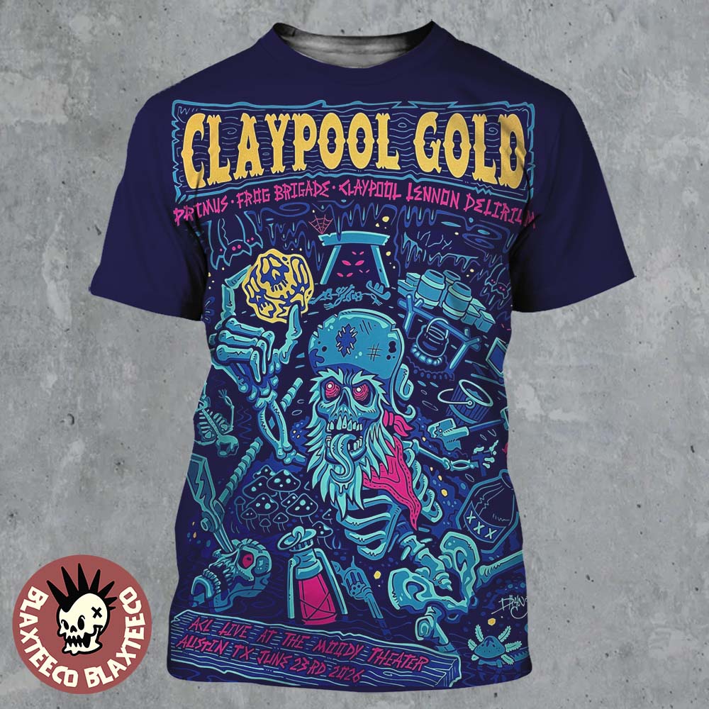 Claypool Gold Primus Claypool Lennon Delirium And Frog Brigade Austin Texas 2026 Show Poster At ACL Live At The Moody Theater On June 23 2026 All Over Print Shirt Claypool Gold Primus Claypool Lennon Delirium And Frog Brigade Austin Texas 2026 Show Poster At ACL Live At The Moody Theater On June 23 2026 All Over Print Shirt