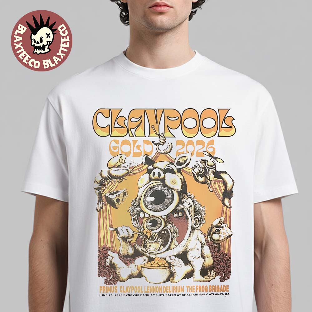 Claypool Gold Primus Claypool Lennon Delirium And The Frog Brigade 2026 Atlanta Georgia Event Poster At Synovus Bank Amphitheater On June 20 2026 T-Shirt Claypool Gold Primus Claypool Lennon Delirium And The Frog Brigade 2026 Atlanta Georgia Event Poster At Synovus Bank Amphitheater On June 20 2026 T-Shirt