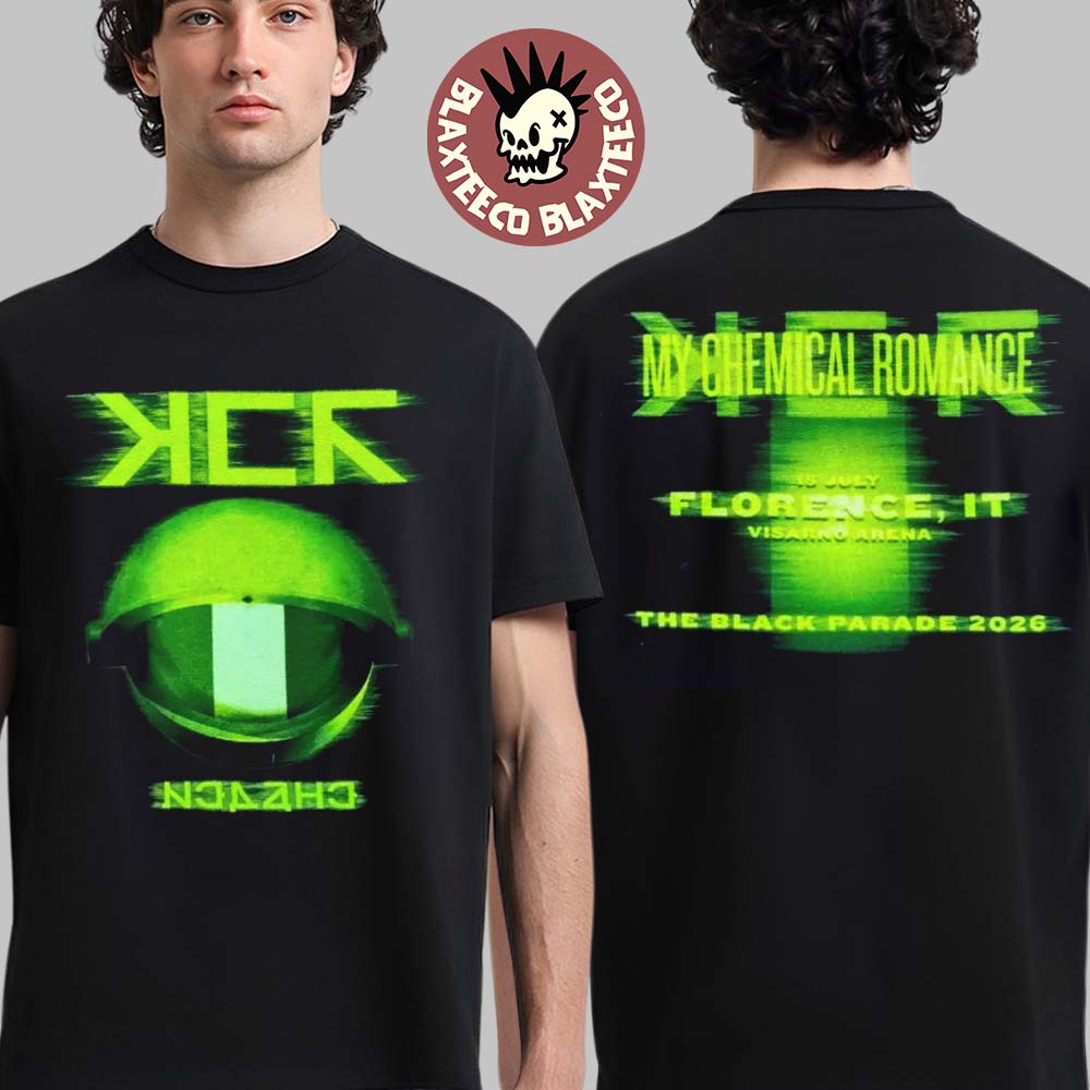 My Chemical Romance Florence Italy 2026 Exclusive Merch Tee At Visarno Arena On 15 July 2026 Green Neon Glitch T-Shirt My Chemical Romance Florence Italy 2026 Exclusive Merch Tee At Visarno Arena On 15 July 2026 Green Neon Glitch T-Shirt