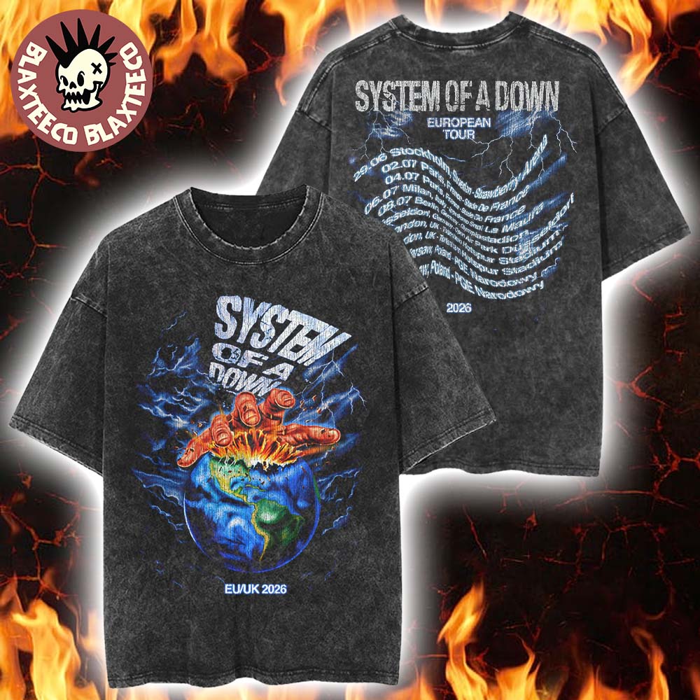 System Of A Down EU And UK 2026 Tour Merch The Hand Over Globe With Dates Back Vintage Washed Tee System Of A Down EU And UK 2026 Tour Merch The Hand Over Globe With Dates Back Vintage Washed Tee