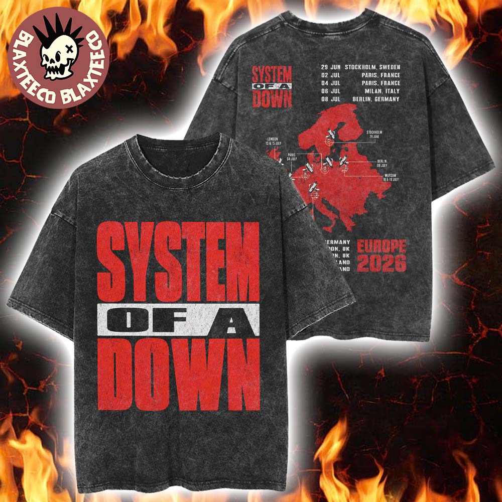 System Of A Down EU And UK Tour 2026 Merch Big Logo With Map Retro Washed Tee System Of A Down EU And UK Tour 2026 Merch Big Logo With Map Retro Washed Tee