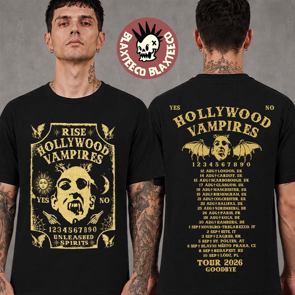 Hollywood Vampires Europe And UK 2026 Tour Merch Ouija Unleashed Spirits Tour Dates Two Sided T-Shirt Hollywood Vampires Europe And UK 2026 Tour Merch Ouija Unleashed Spirits Tour Dates Two Sided T-Shirt
