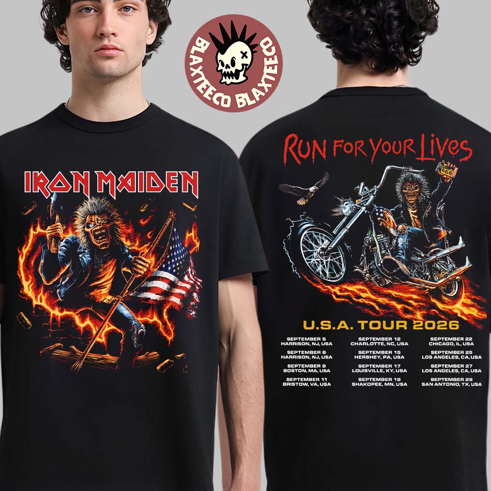 Iron Maiden Run For Your Lives USA Tour 2026 Exclusive Tee Eddie Holding The Flag Two Sided T-Shirt Iron Maiden Run For Your Lives USA Tour 2026 Exclusive Tee Eddie Holding The Flag Two Sided T-Shirt