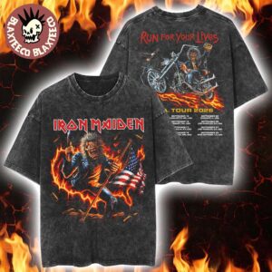 Iron Maiden Run For Your Lives USA Tour 2026 Exclusive Tee Eddie Holding The Flag Vintage Washed Tee
