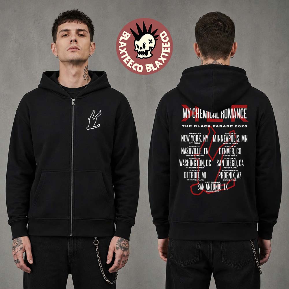 My Chemical Romance The Black Parade Tour 2026 North America Merch City Dates Zip Up Hoodie My Chemical Romance The Black Parade Tour 2026 North America Merch City Dates Zip Up Hoodie
