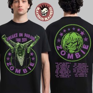 Rob Zombie Freaks On Parade 2026 Tour Merch Portrait Zombie Head Green And Purple Two Sided T-Shirt