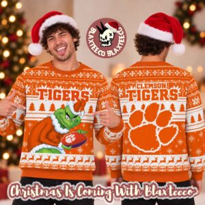 Clemson Tigers NCAA Grinch Stole The Ball Festive 2026 Christmas Ugly Sweater