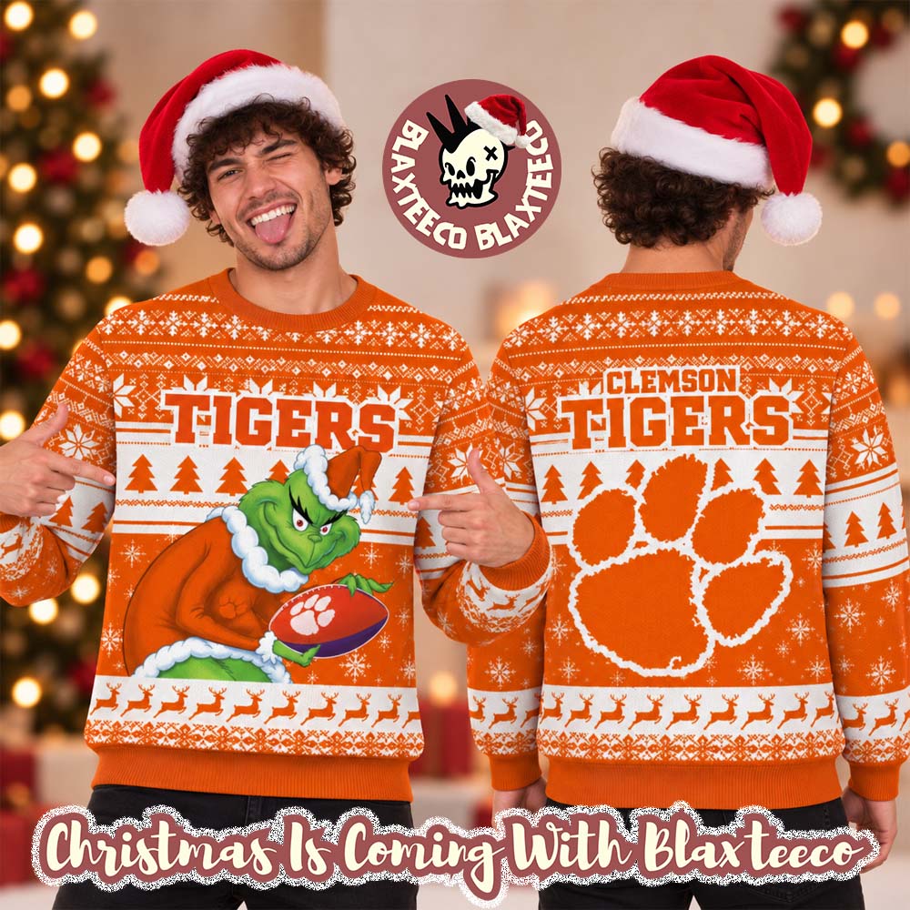 Clemson Tigers NCAA Grinch Stole The Ball Festive 2026 Christmas Ugly Sweater Clemson Tigers NCAA Grinch Stole The Ball Festive 2026 Christmas Ugly Sweater