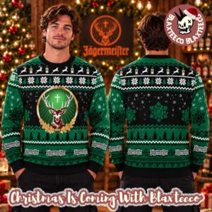 Jagermeister Big Deer Snowflakes And Pine Tree Black And Green Xmas Ugly Sweater