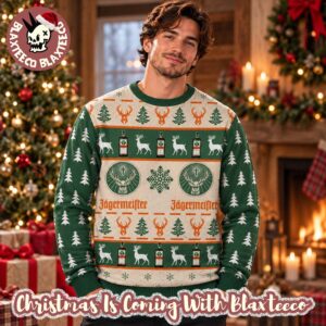 Jagermeister Liqueur Green Logo Knitted Pattern Green And Beige Vintage Xmas Ugly Sweater